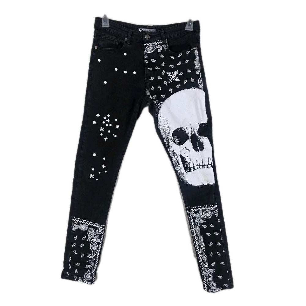 TR Tailored Recreation Black Skinny Jeans Mens 32x32 White Graphic Skull (30x30)